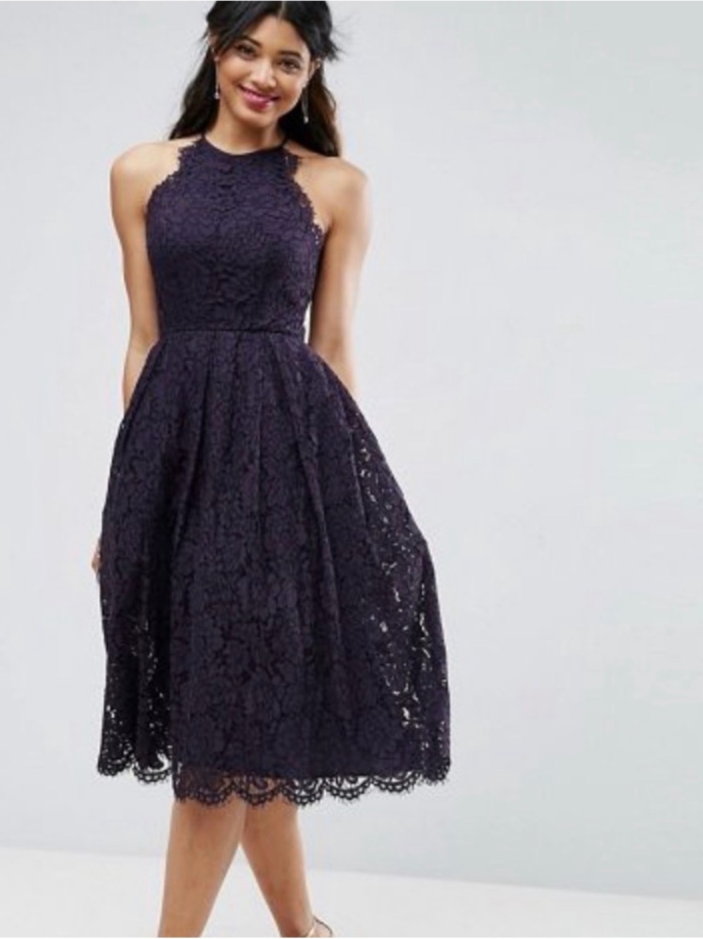 ASOS Lace Scallop Midi Dress Navy 12